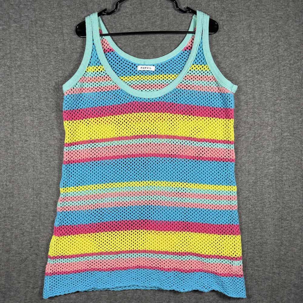 POPVIL Womens L Crochet Knit Tank Cover Up Rainbow Striped Swim BOHO Beach